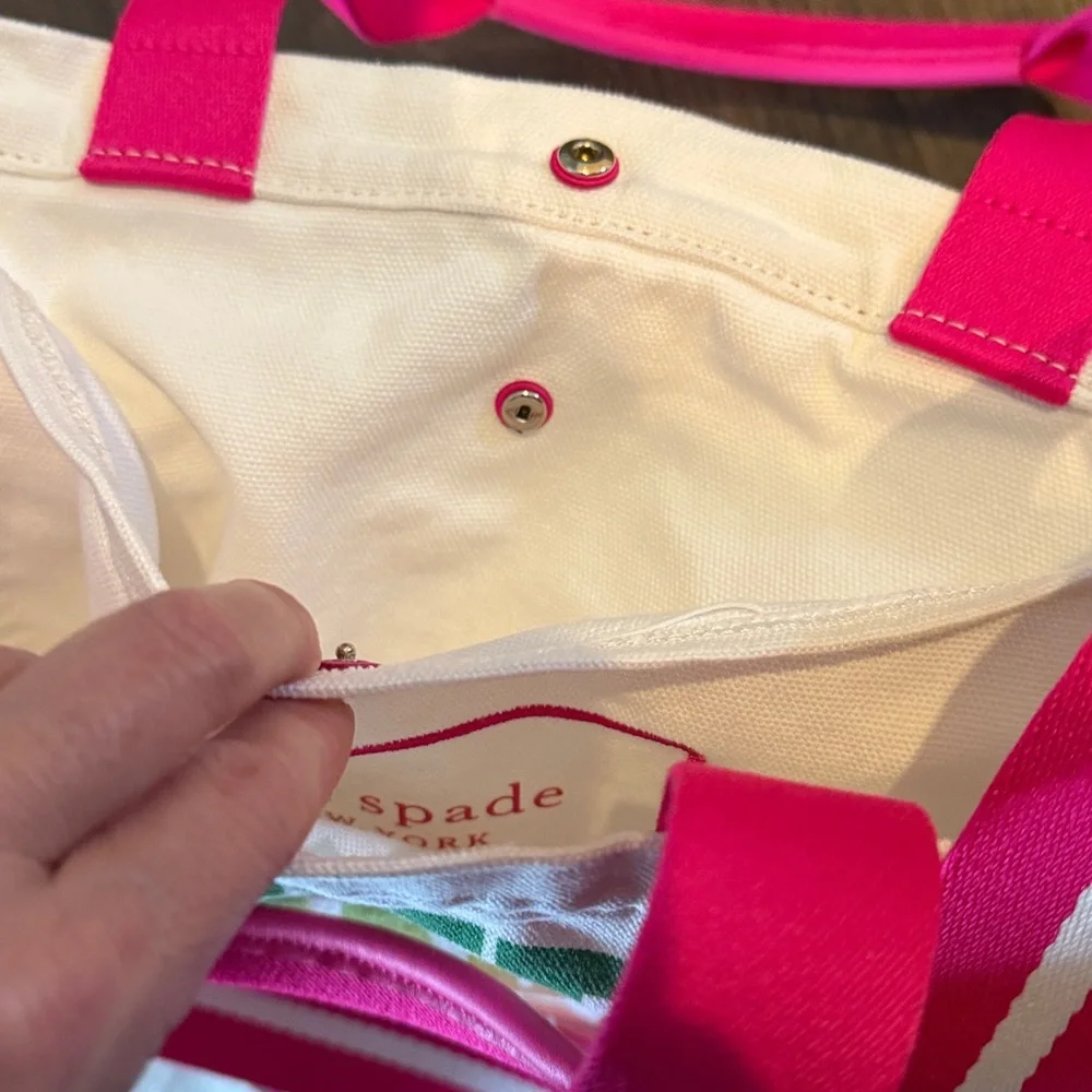 Kate Spade Cream Canvas Tote with Rainbow Text and Pink Straps-EUC - Picture 4 of 4